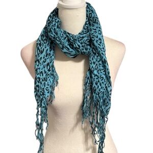 Cheetah print fringe scarf turquoise and black